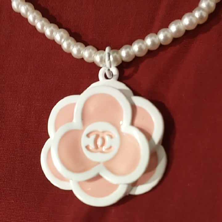 Chanel Reworked Pearl Necklace With Pink And White Flower Pendant